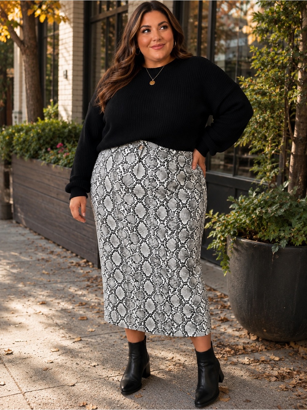Boohoo Plus Snake Skin Print Midi Skirt - Black/Gray- Modern Chic